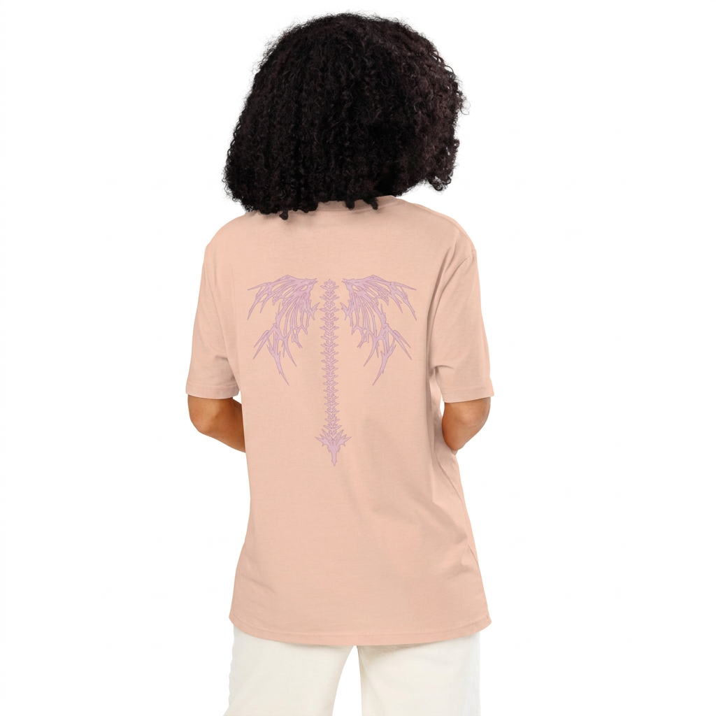 Modelo con la playera color durazno sobre fondo blanco